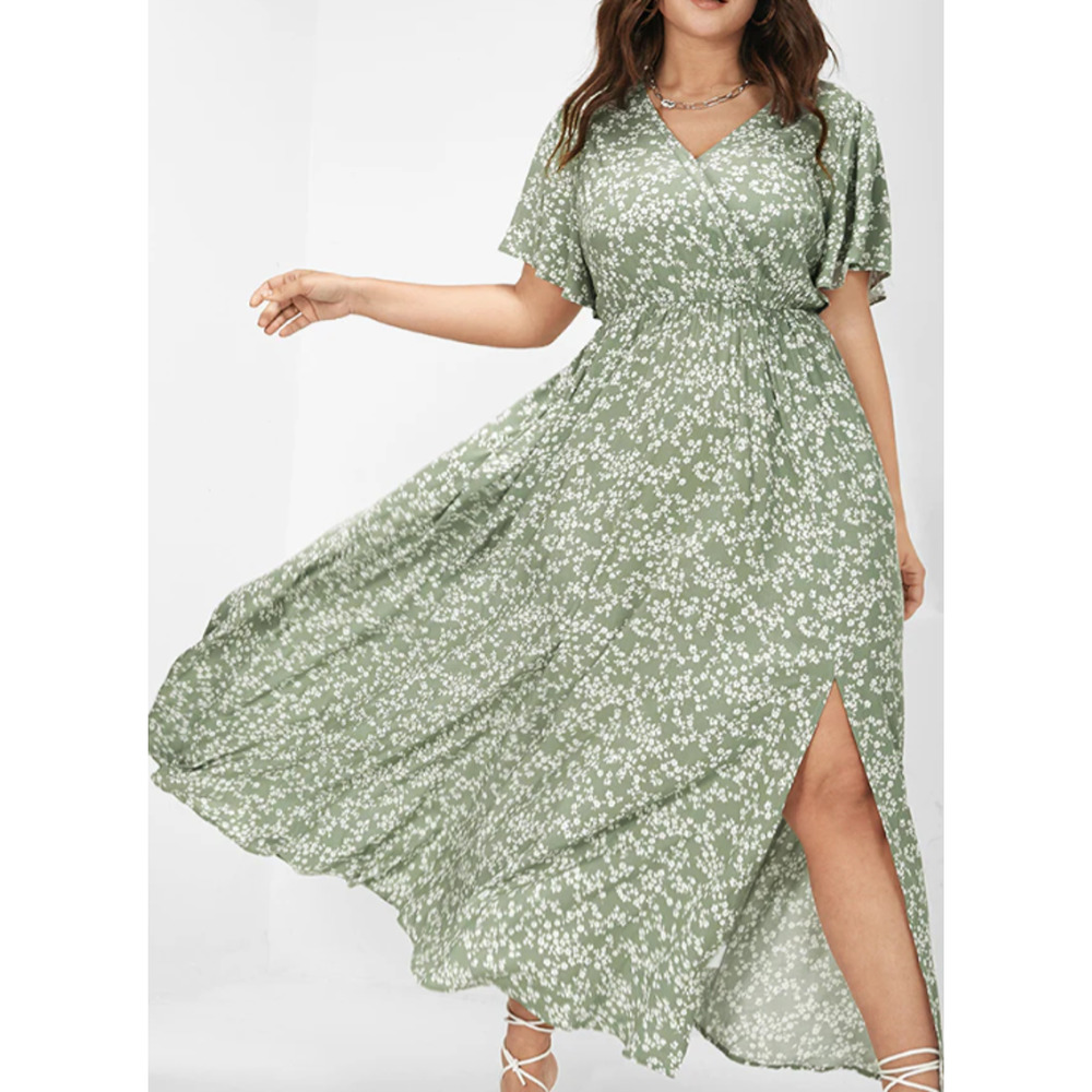 BLOOMCHIC 26 4x plus Green White Floral Ditsy Surplice Ruffle Dress NWT B140